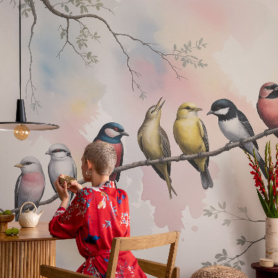 Peel and stick wall mural for bedroom featuring birds on a branch