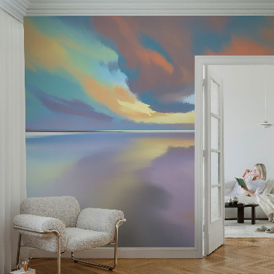 Children's wall mural with a rainbow sunset design