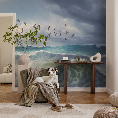 Stick-on wall mural with a sea waves design