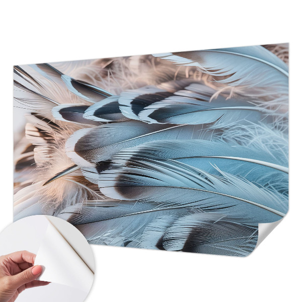 Peel and stick wall mural for bedroom with a blue feather pattern