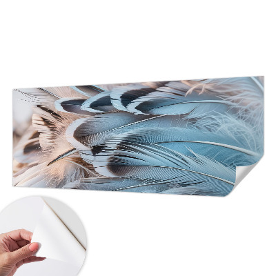 Peel and stick wall mural for bedroom with a blue feather pattern