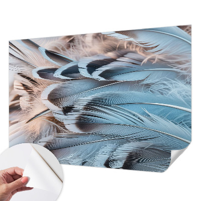 Peel and stick wall mural for bedroom with a blue feather pattern