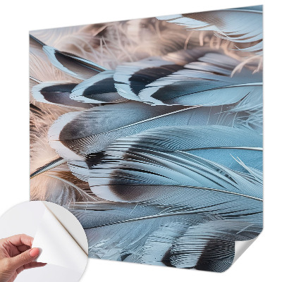 Peel and stick wall mural for bedroom with a blue feather pattern