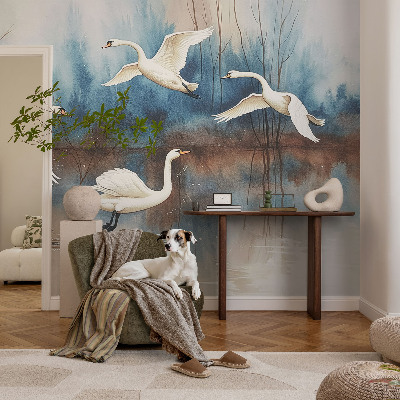 Self-adhesive wall mural featuring birds in flight