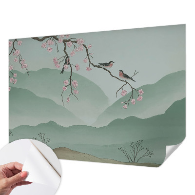 Removable wall mural wallpaper with a Japanese serenade design
