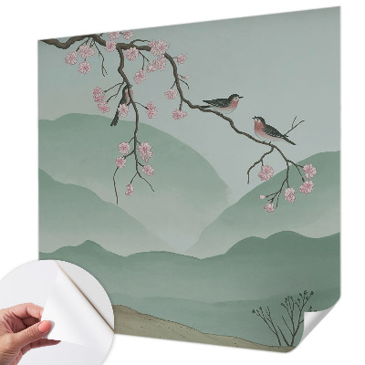 Removable wall mural wallpaper with a Japanese serenade design