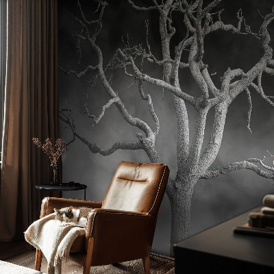 Nursery wall mural with a misty tree design