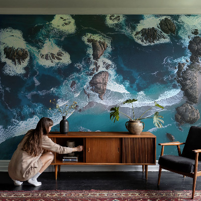 Removable wall mural wallpaper featuring ocean waves