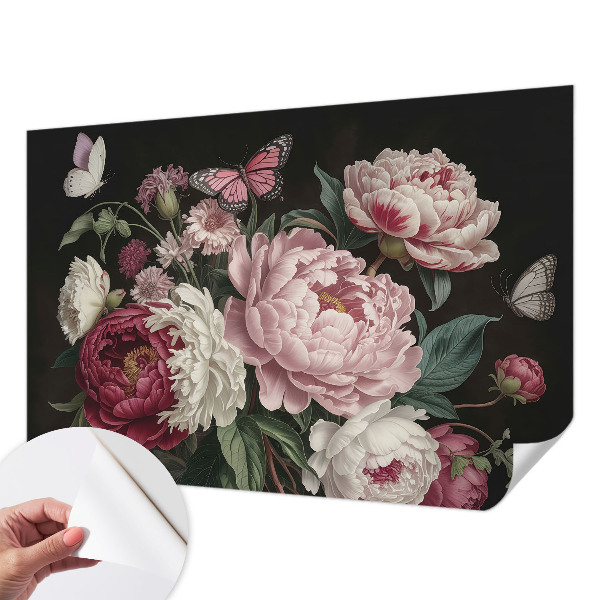 Peel and stick wall mural for bedroom with peonies and butterflies