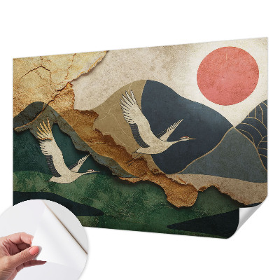 Baby room wall mural with an eastern cranes motif