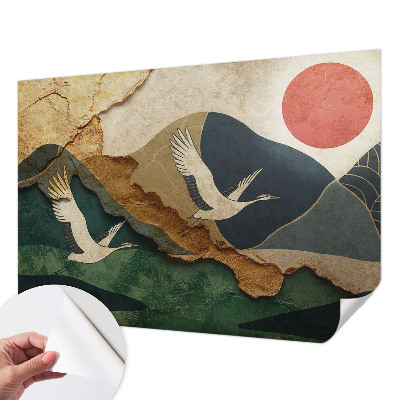 Baby room wall mural with an eastern cranes motif