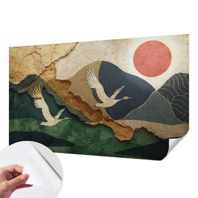 Baby room wall mural with an eastern cranes motif