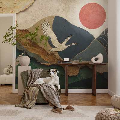 Baby room wall mural with an eastern cranes motif