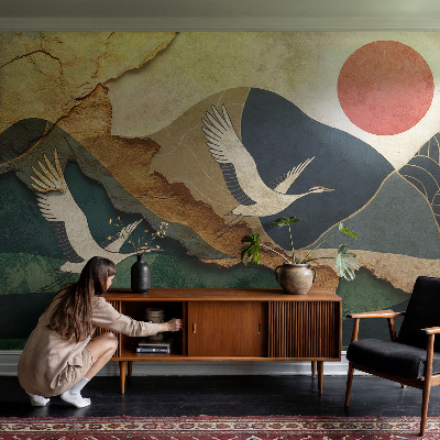 Baby room wall mural with an eastern cranes motif