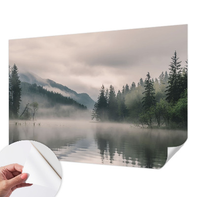 Peel and stick wall mural with an atmospheric lake scene