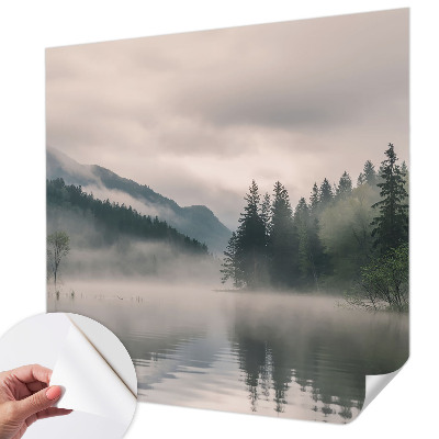 Peel and stick wall mural with an atmospheric lake scene
