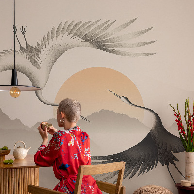 Peel and stick wall mural for bedroom featuring an east crane design