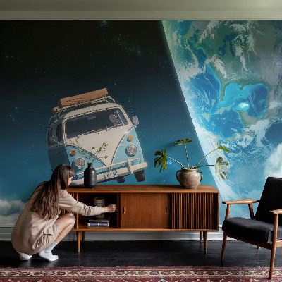 Peel and stick wall mural for kids' room with a space travel theme