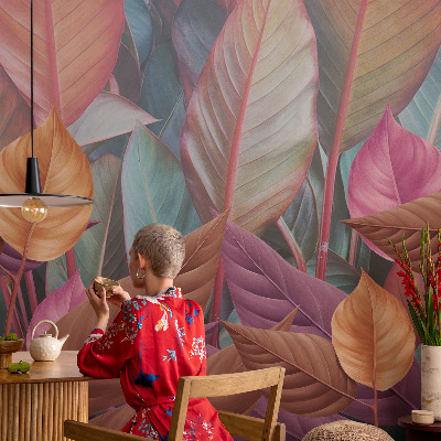 Removable wall mural with a colorful leaves design