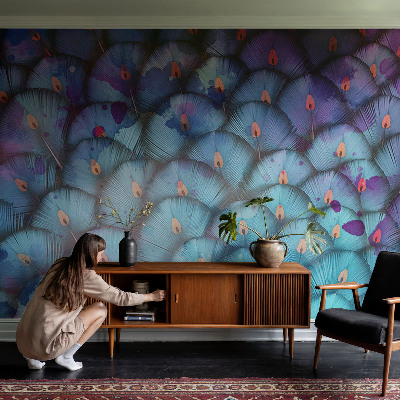 Peel and stick wall mural for kids' room with a colorful feather pattern