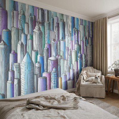 Peel and stick wall mural for kids' room with a city skyline of skyscrapers