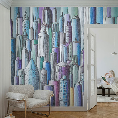 Peel and stick wall mural for kids' room with a city skyline of skyscrapers