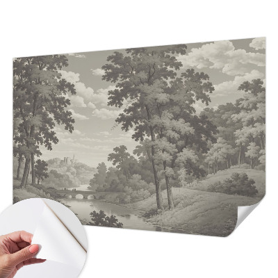 Children's wall mural with a castle and bridge motif