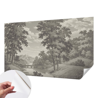 Children's wall mural with a castle and bridge motif