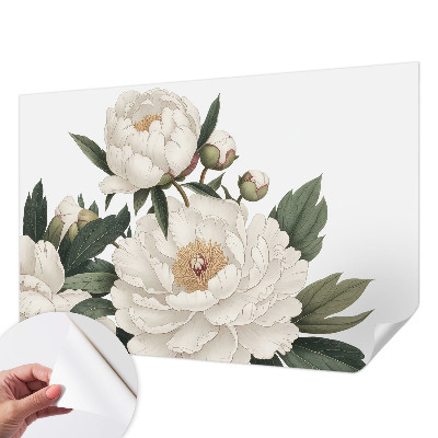 Stick-on wall mural with white peonies