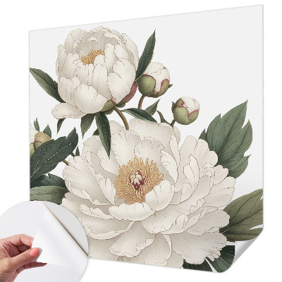 Stick-on wall mural with white peonies