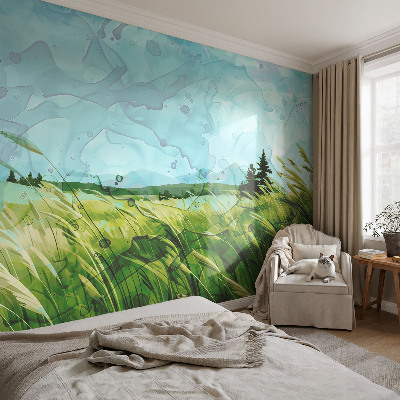 Removable wall mural wallpaper featuring green landscape scenes