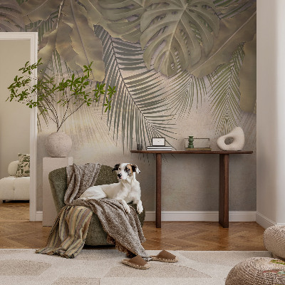 Baby room wall mural with a tropical leaves pattern