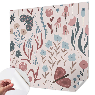 Children's wall mural with a floral and insect motif