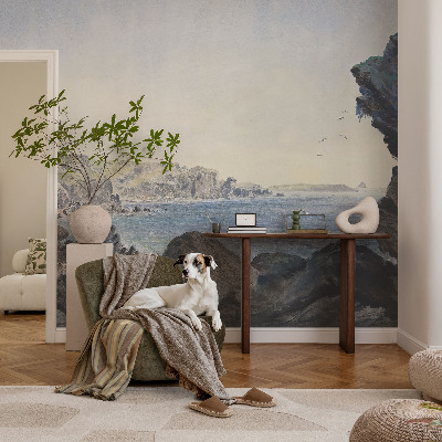 Self-adhesive wall mural with a quiet coastal scene