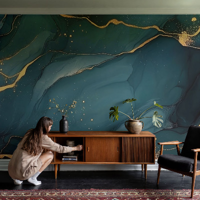 Peel and stick wall mural for living room with a dark blue abstract design