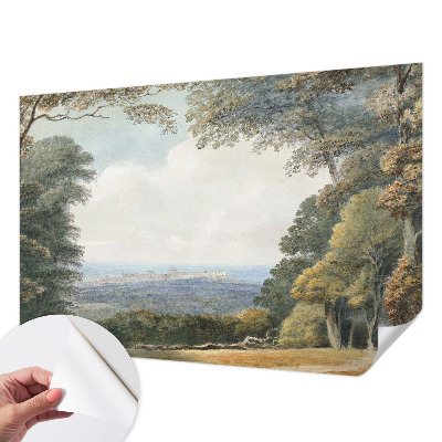 Children's wall mural with a wooded landscape design