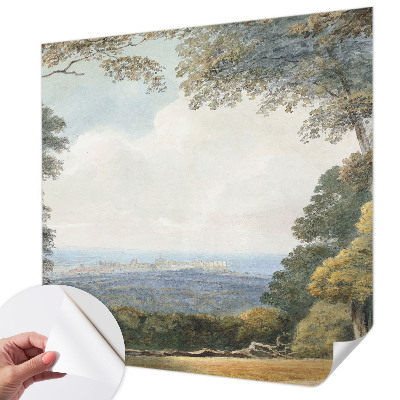 Children's wall mural with a wooded landscape design