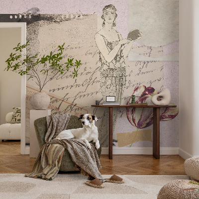 Baby room wall mural with a nostalgic collage design
