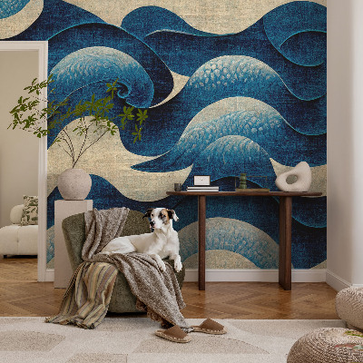 Nursery wall mural with a blue waves design