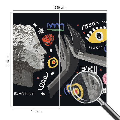 Peel and stick wallpaper mural featuring a colorful exhibition design