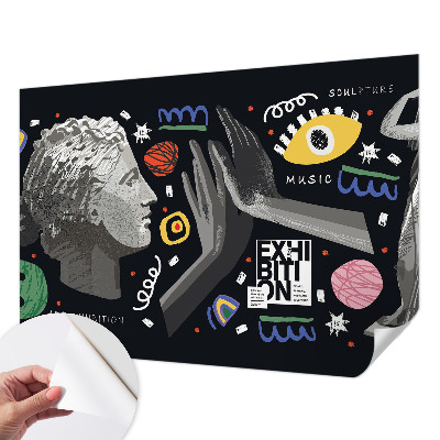 Peel and stick wallpaper mural featuring a colorful exhibition design