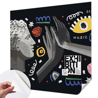 Peel and stick wallpaper mural featuring a colorful exhibition design