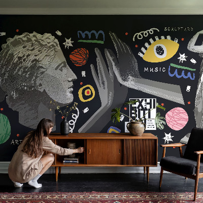 Peel and stick wallpaper mural featuring a colorful exhibition design