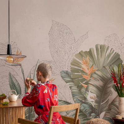 Children's wall mural with tropical flower motif