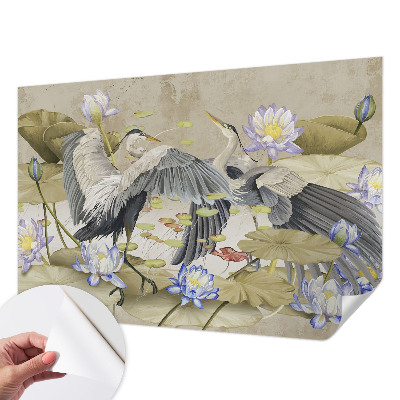 Baby room wall mural with a birds and lilies design
