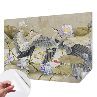 Baby room wall mural with a birds and lilies design
