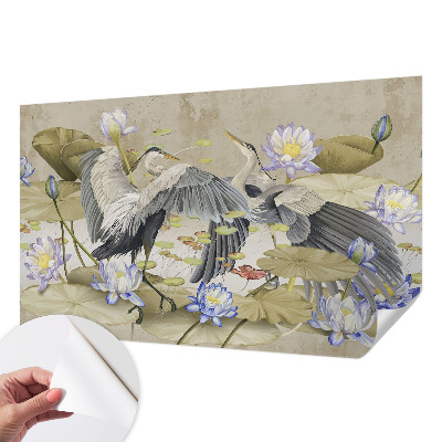 Baby room wall mural with a birds and lilies design