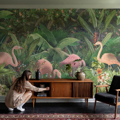 Peel and stick wall mural for bedroom Pink flamingos