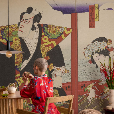 Nursery wall mural with a Japanese theater motif