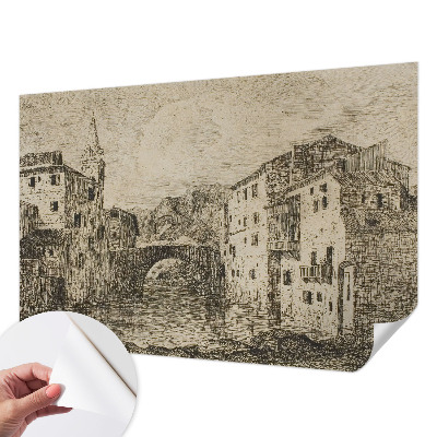 Removable wall mural wallpaper with a city panorama design